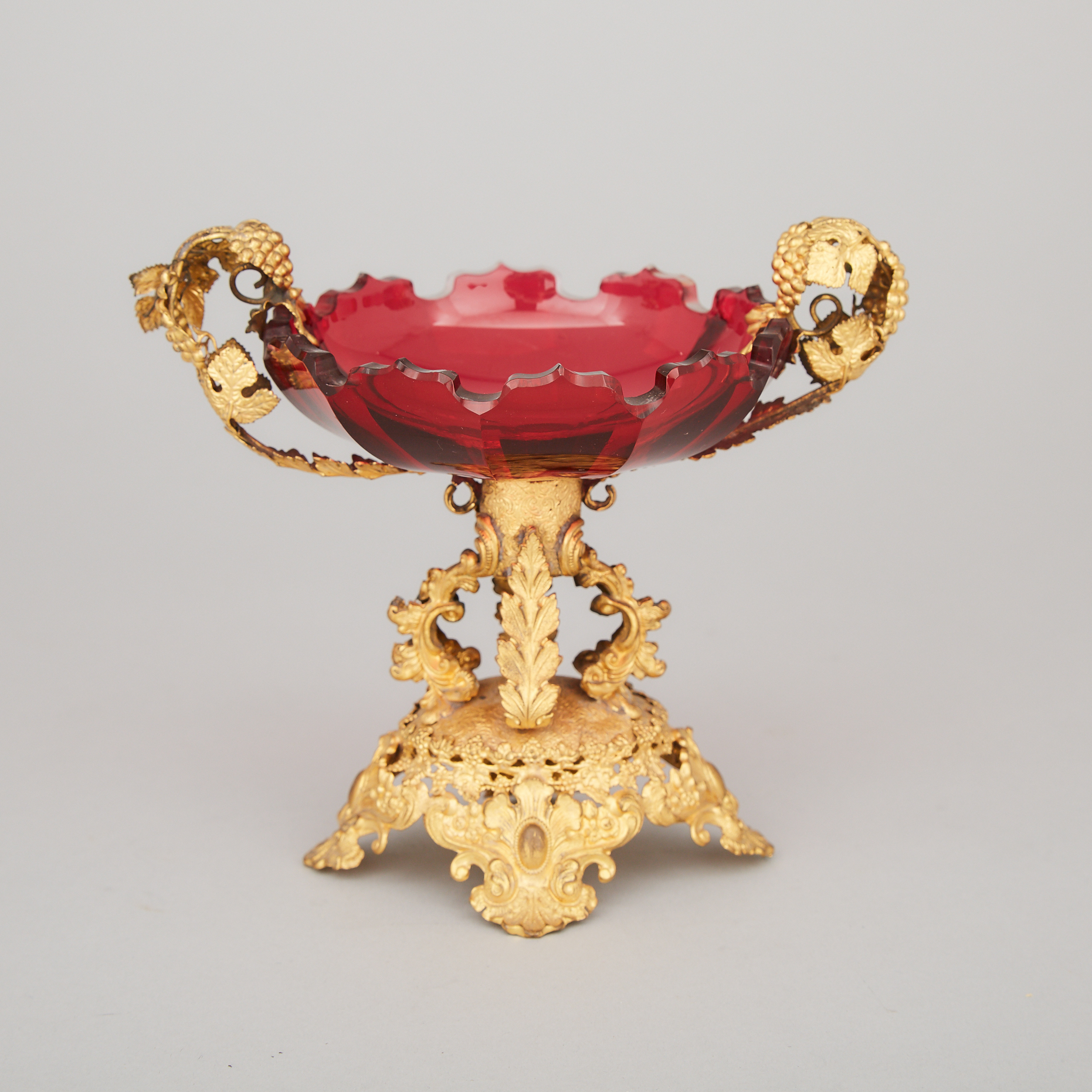 French Gilt Metal Mounted Cut Red Glass Small Comport, 19th century