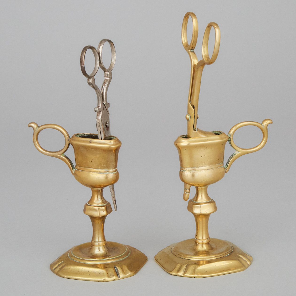 Pair of Georgian Brass Candle Wick Trimmers on Stands, mid 18th century