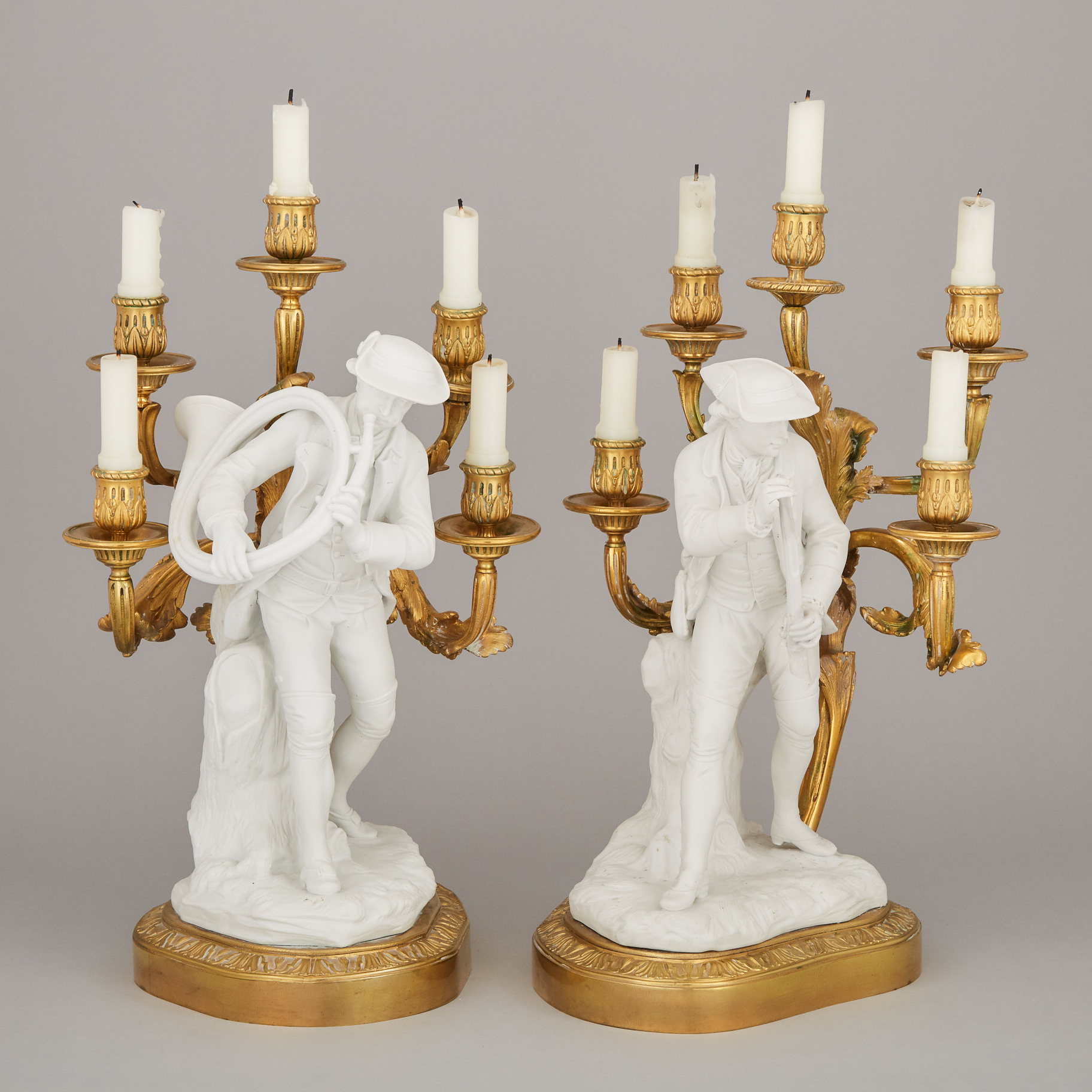 Pair of French Louis XV Style Ormolu and Parian Figural Candelabra, mid 20th century