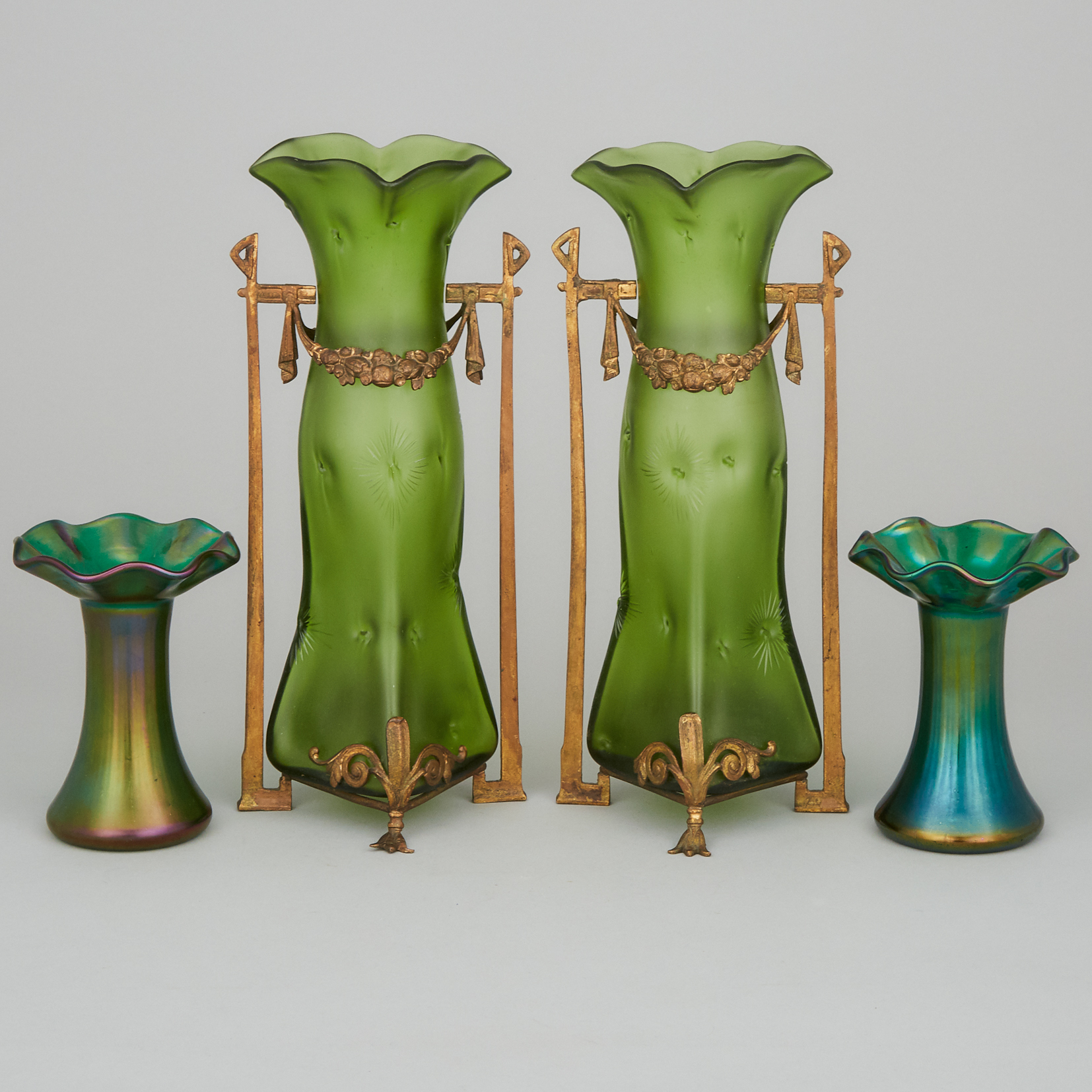 Two Pairs of Bohemian Iridescent Green Glass Vases, early 20th century