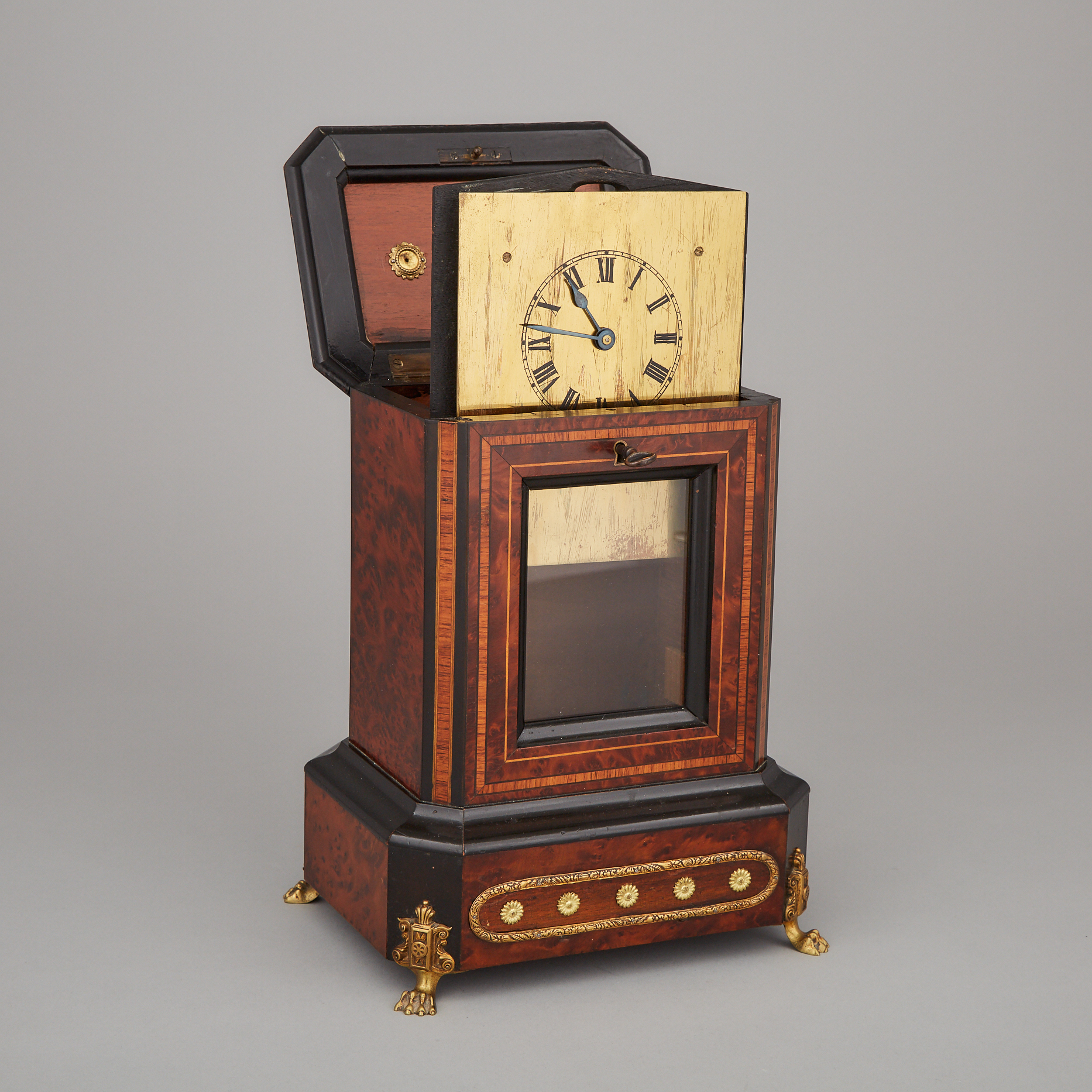 Napoleon III  Kingwood Banded Burl Walnut and Ebonized Table Clock, Duverdry & Bloquel, Paris, c.1900