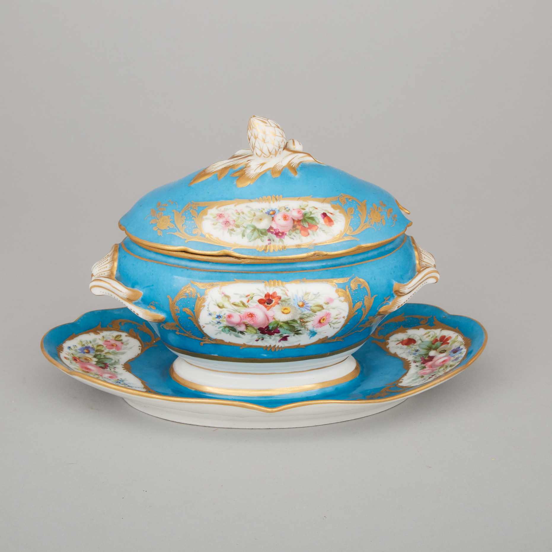 'Sèvres' Bleu Céleste Ground Covered Sauce Tureen on Stand, 19th century