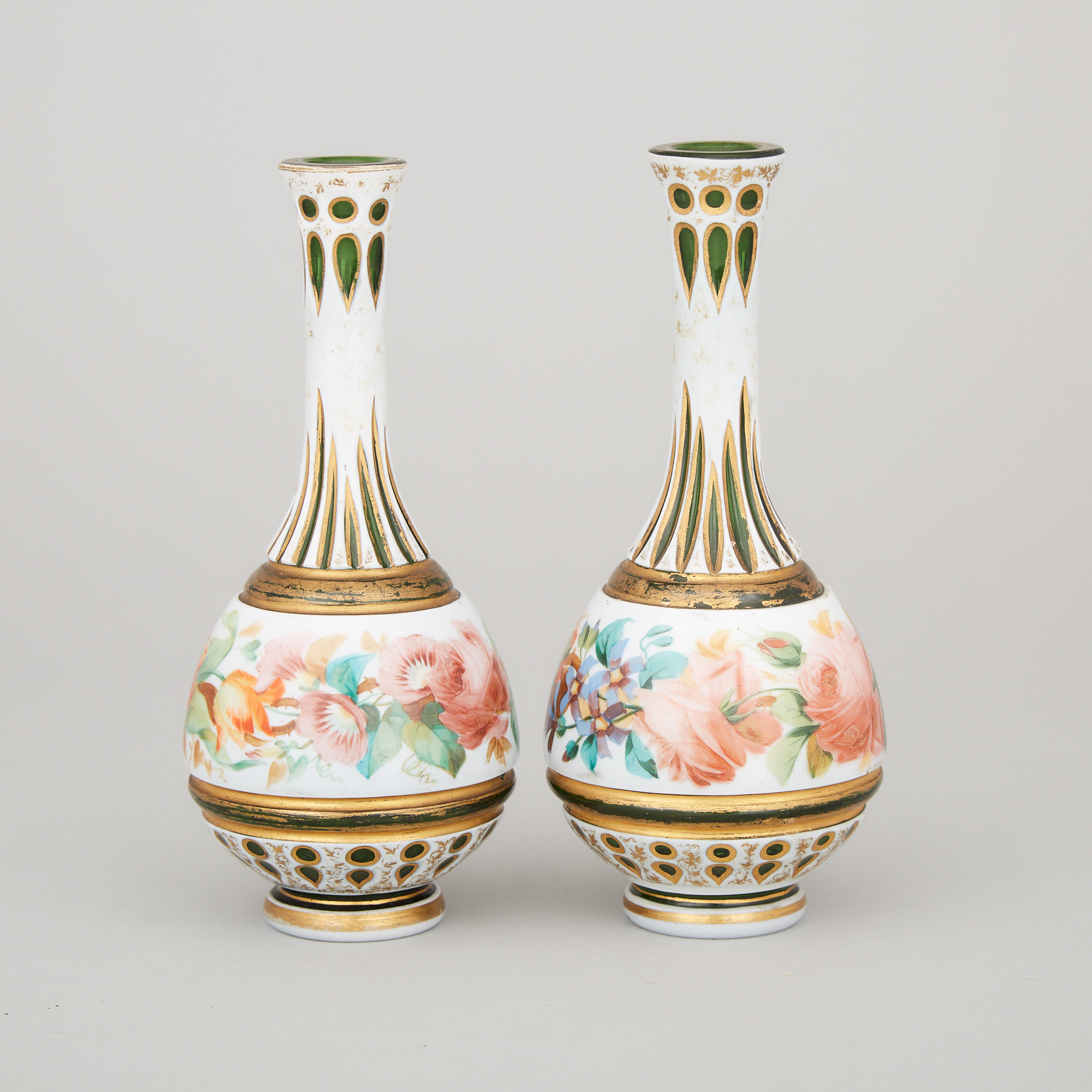 Pair of Bohemian Overlaid, Enameled and Gilt Green Glass Vases, late 19th century