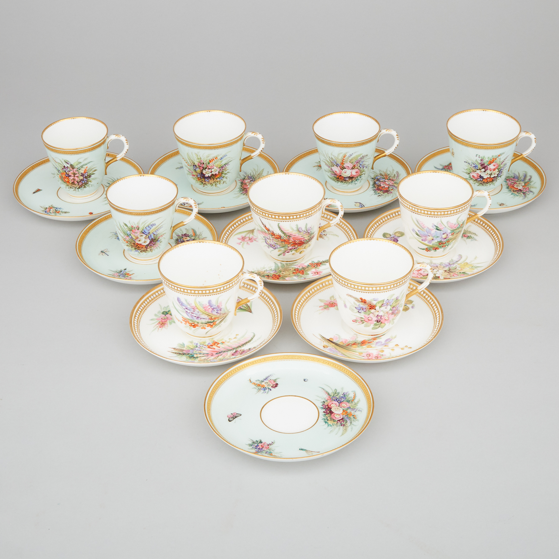 Nine Royal Worcester Cups and Ten Saucers, 1870s
