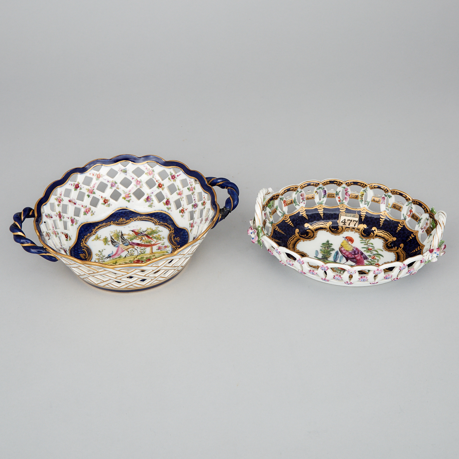 Two Samson ‘Worcester’ Scale Blue Ground Reticulated Baskets, early 20th century