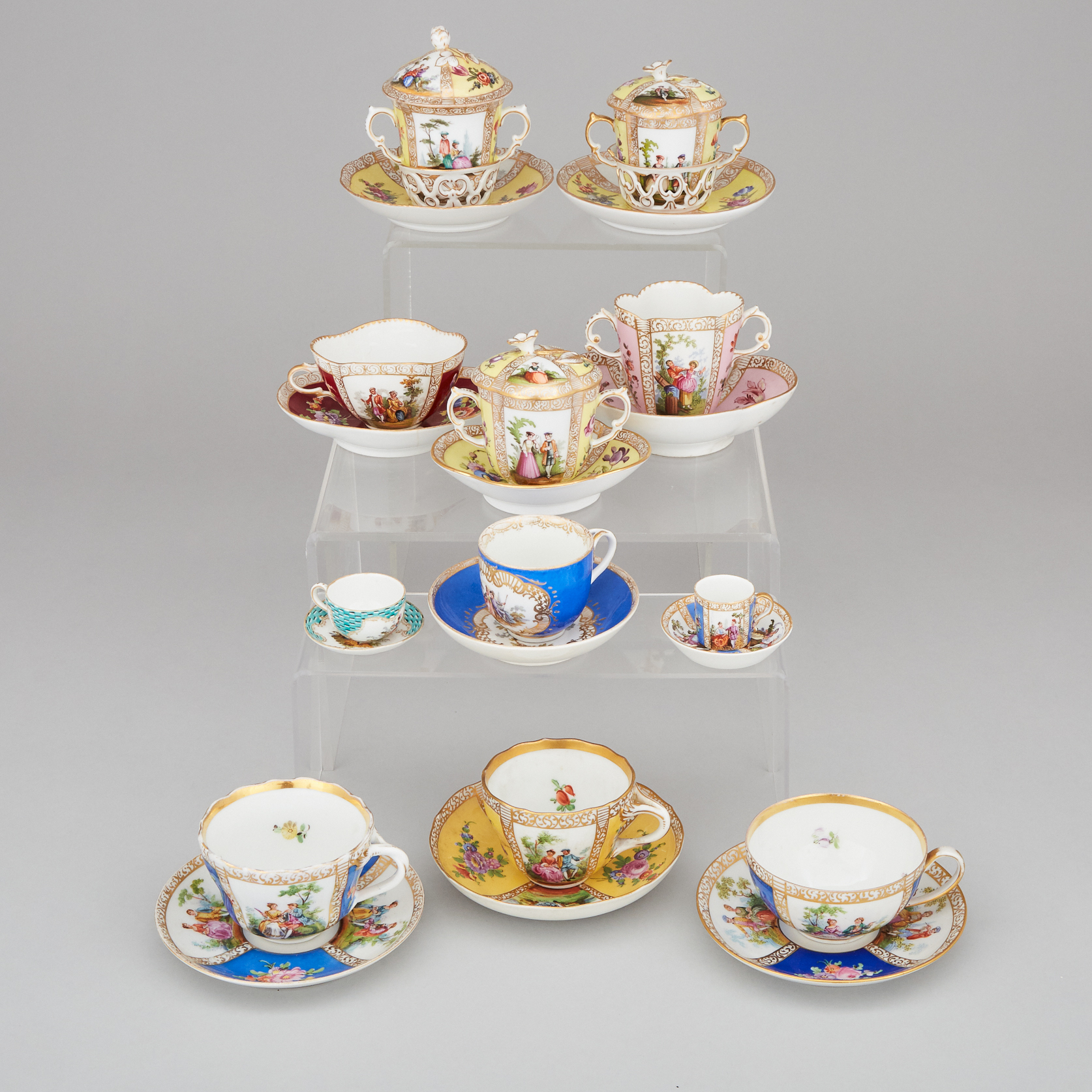 Eleven Various Dresden Cups and Saucers, late 19th/early 20th century