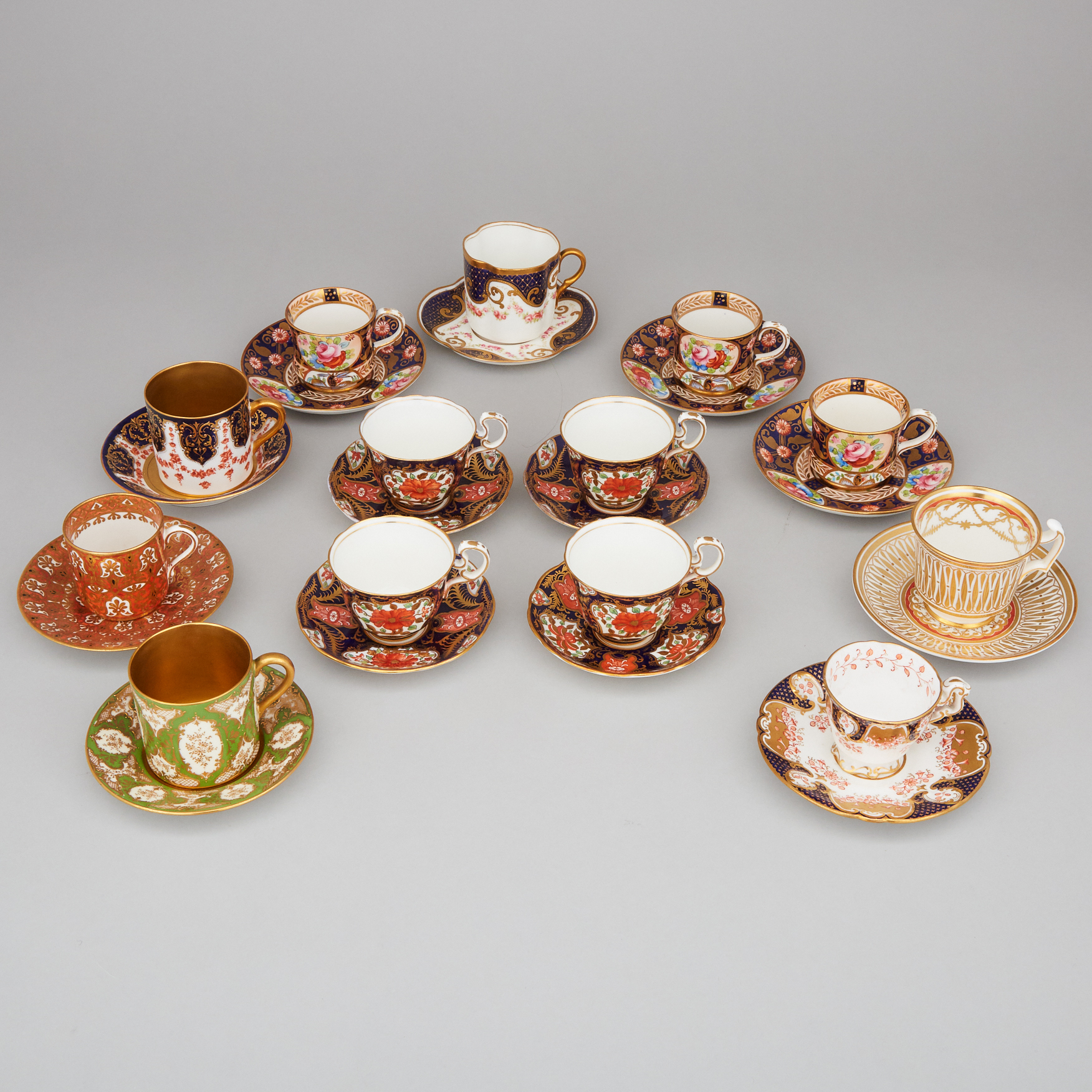 Thirteen Various English Porcelain Cups and Saucers, late 19th/20th century