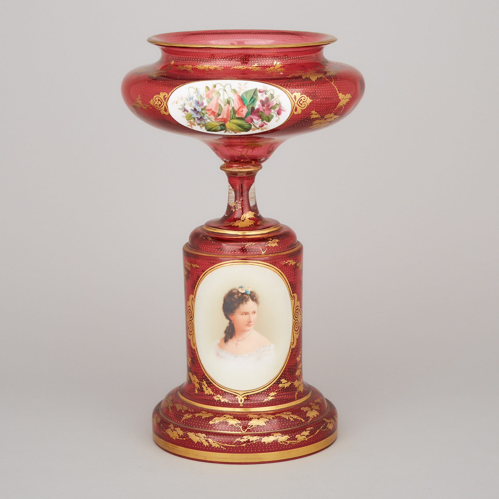 Bohemian Overlaid, Enameled and Gilt Red Glass Portrait Comport, late 19th century