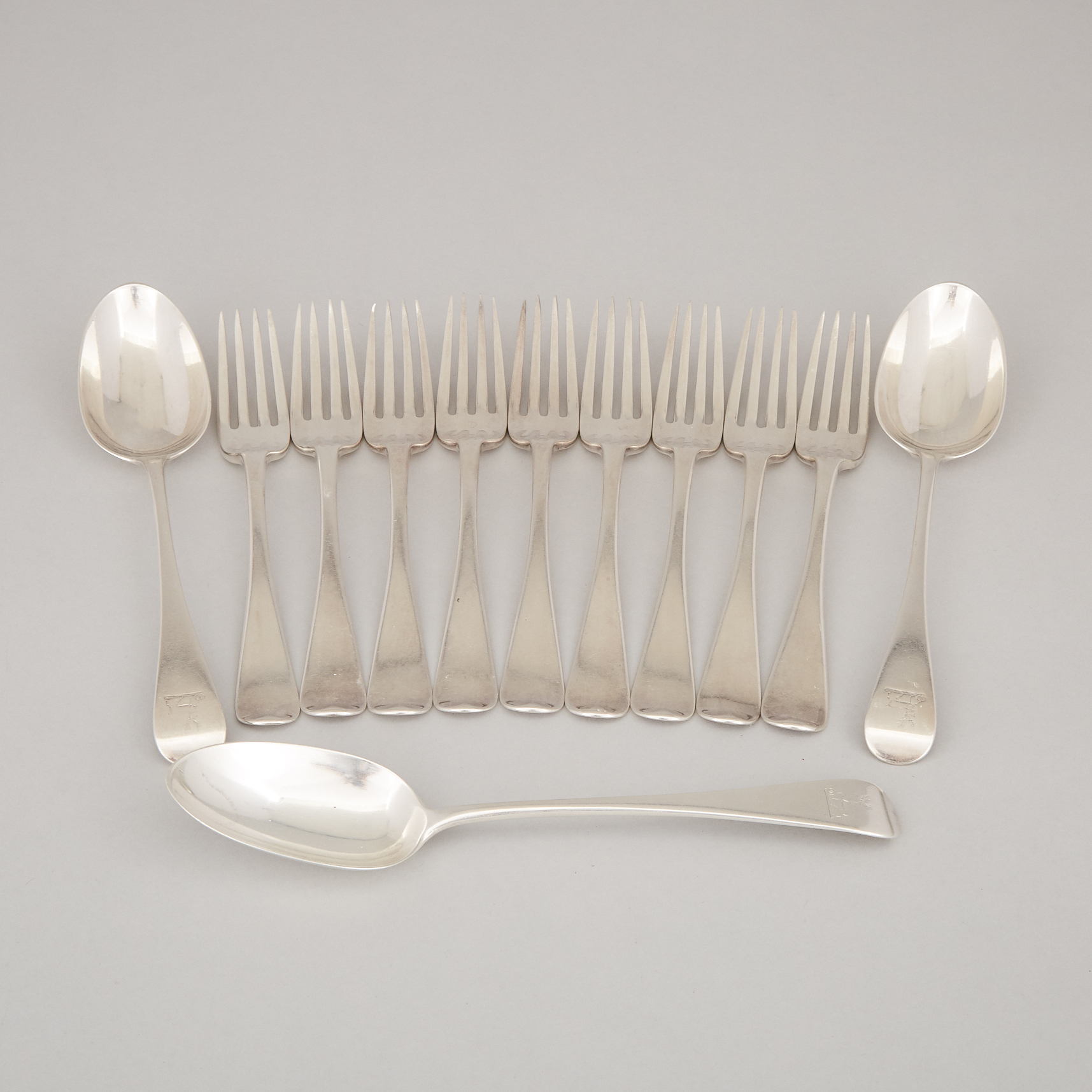 Nine George IV Silver Old English Pattern Table Forks, Richard Poulden, London, 1824 and Three Victorian Table Spoons, George Adams, 1877