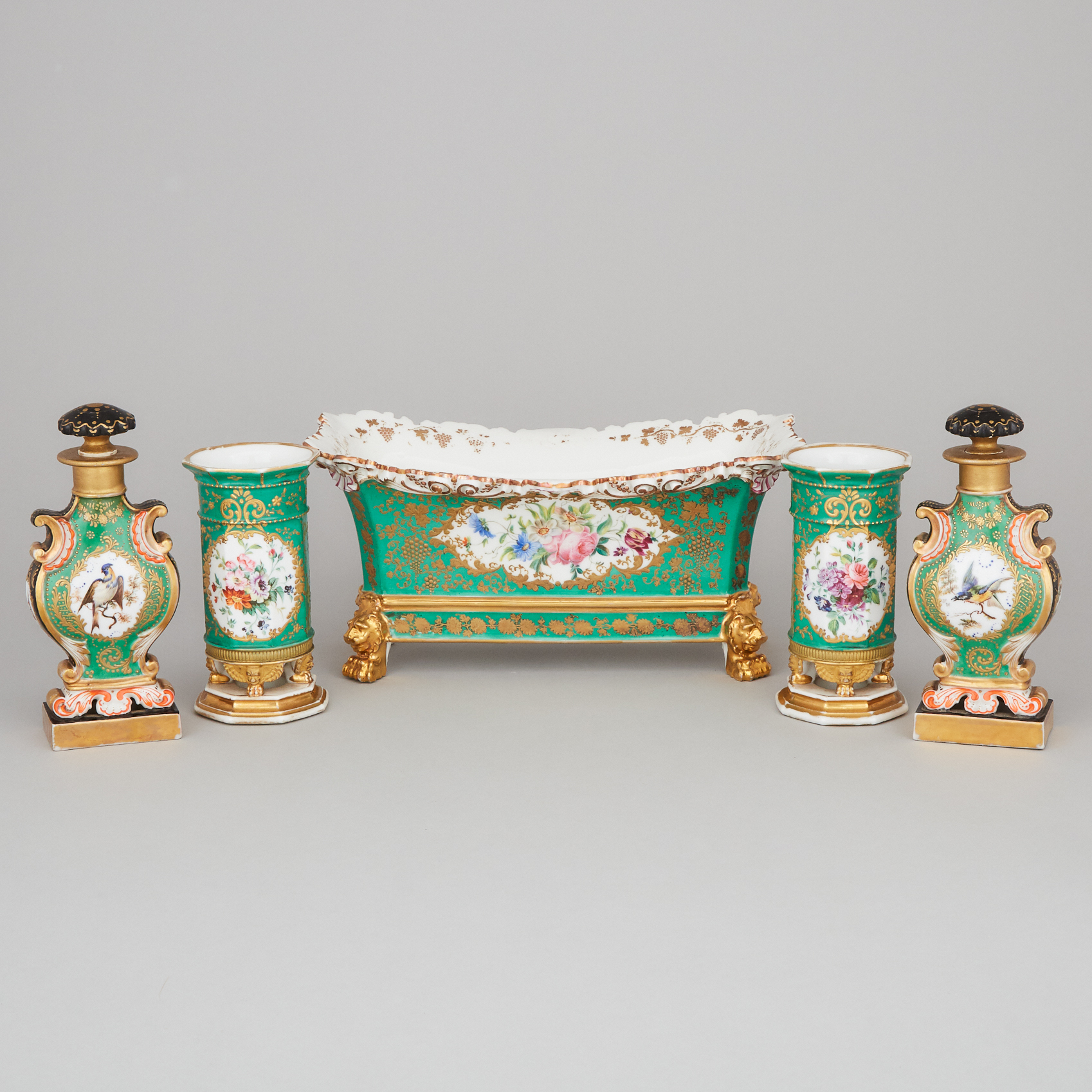 Pair of Paris Green Ground and Gilt Vases, Pair of Toilet Water Bottles, and a Jacob Petit Jardinière, 19th century
