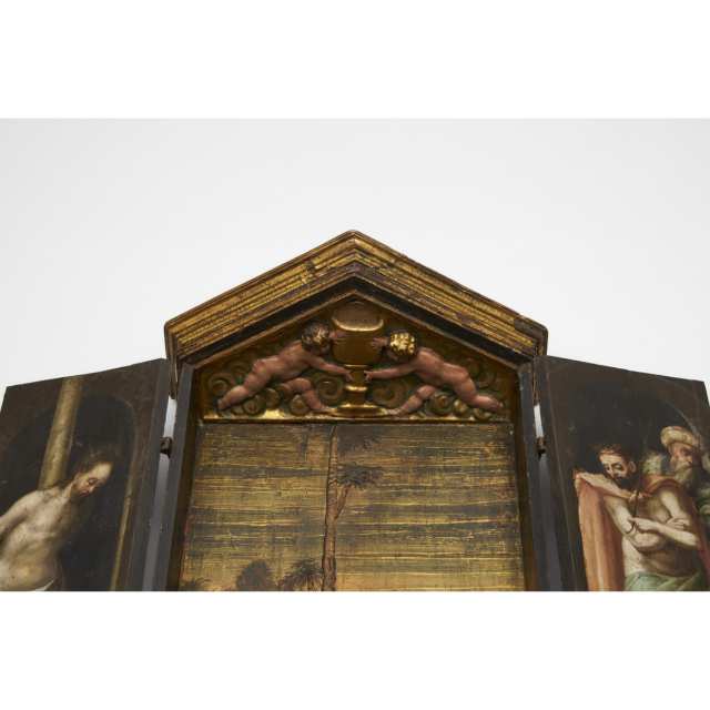 Italian Painted and Gilt Portable Triptych Altar, 17th century