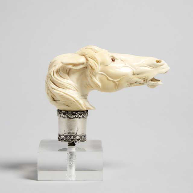 American Silver Mounted Ivory Horse Head Form Walking Stick Handle, c.1900