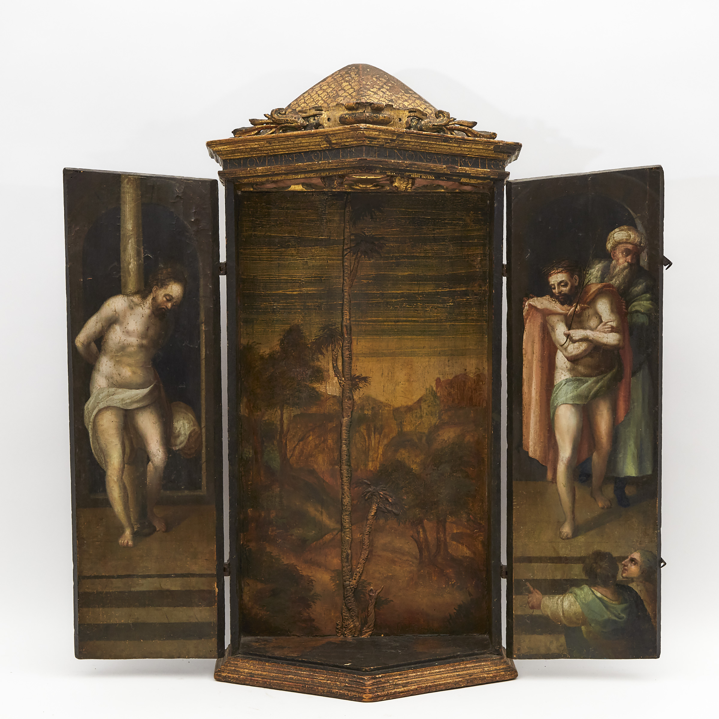 Italian Painted and Gilt Portable Triptych Altar, 17th century