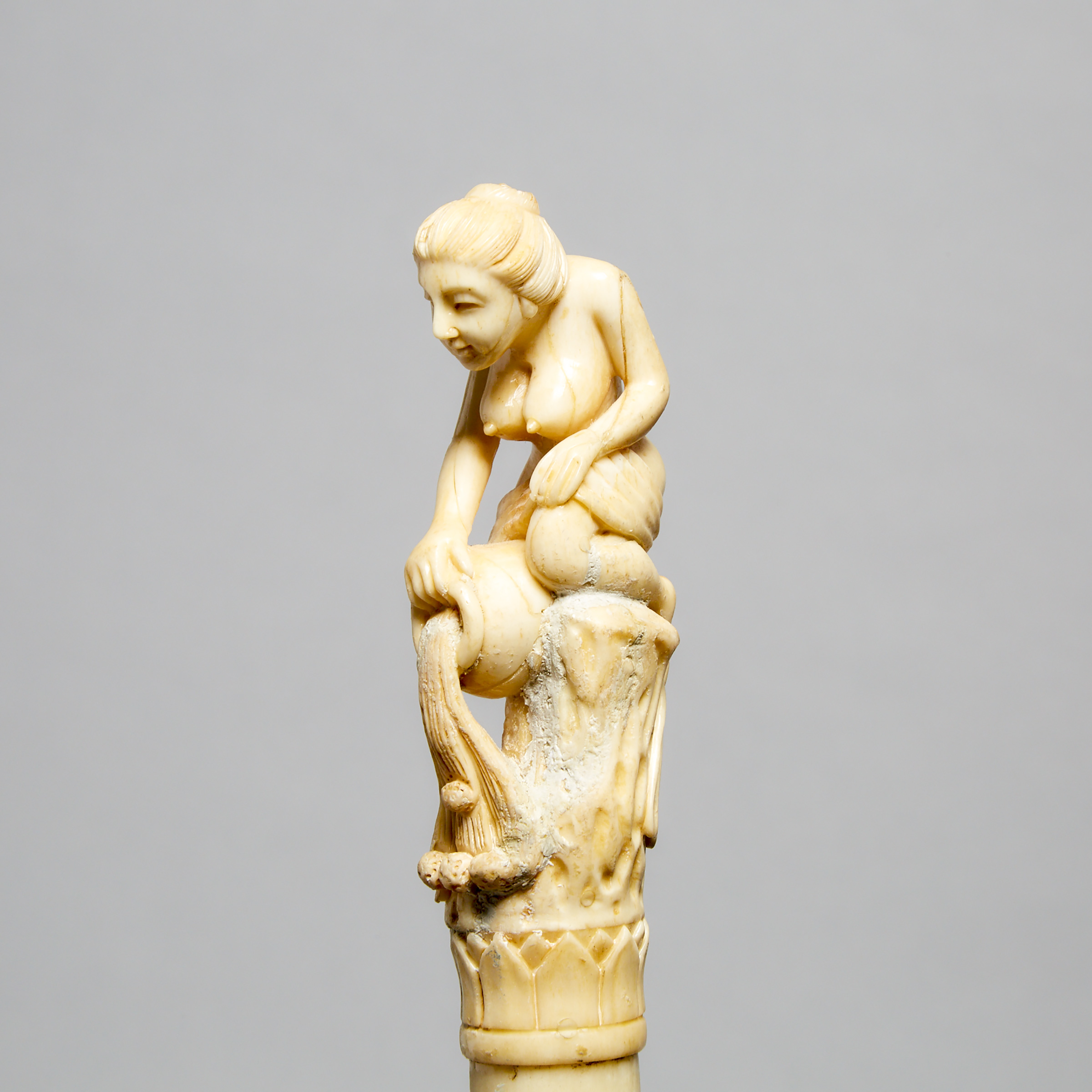 Carved Bone Cane with Water Bearer Nude Figural Handle, 19th/early 20th century