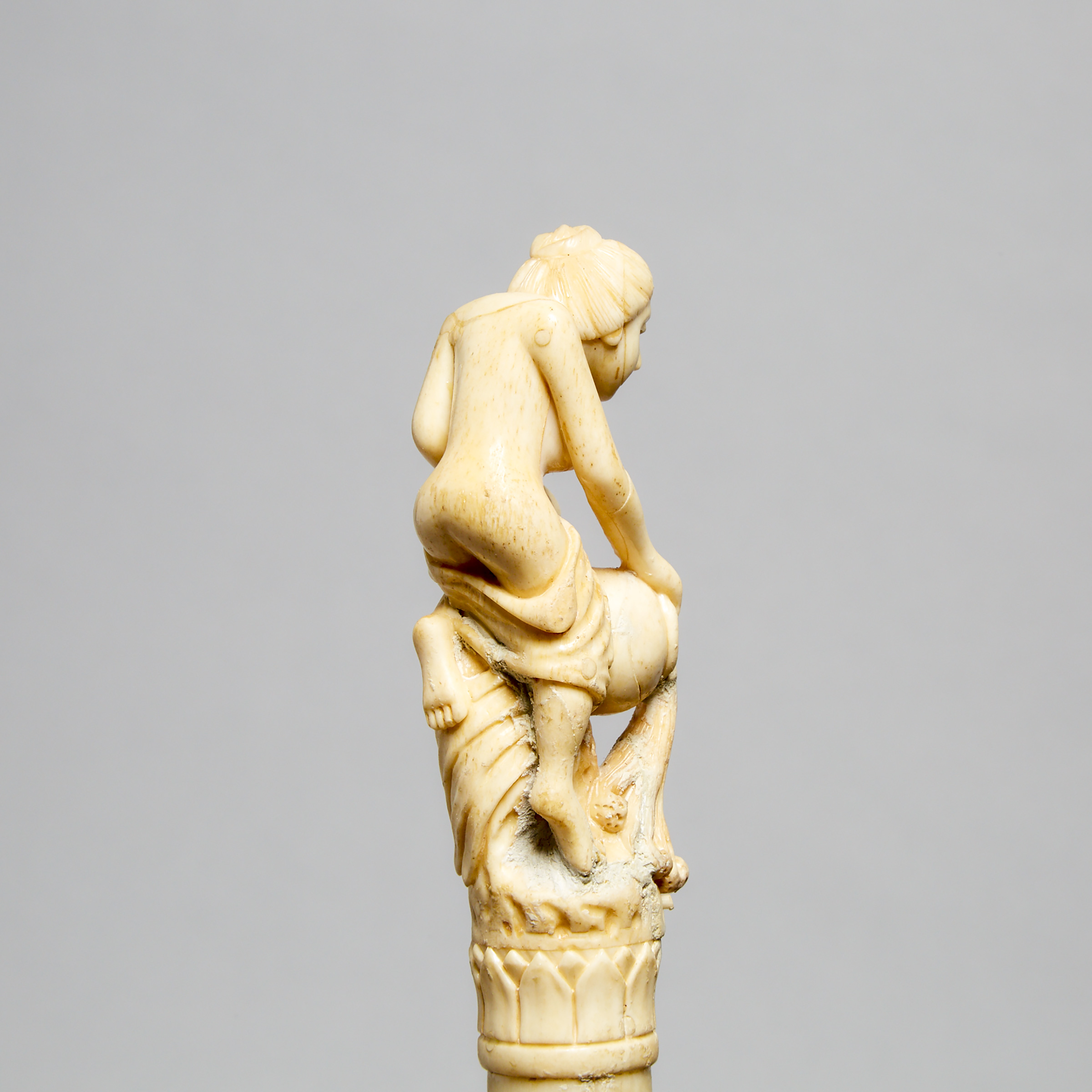 Carved Bone Cane with Water Bearer Nude Figural Handle, 19th/early 20th century