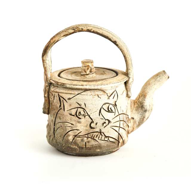 Ron Meyers (American, b.1934), Stoneware Teapot with Woman and Cat, c.2010