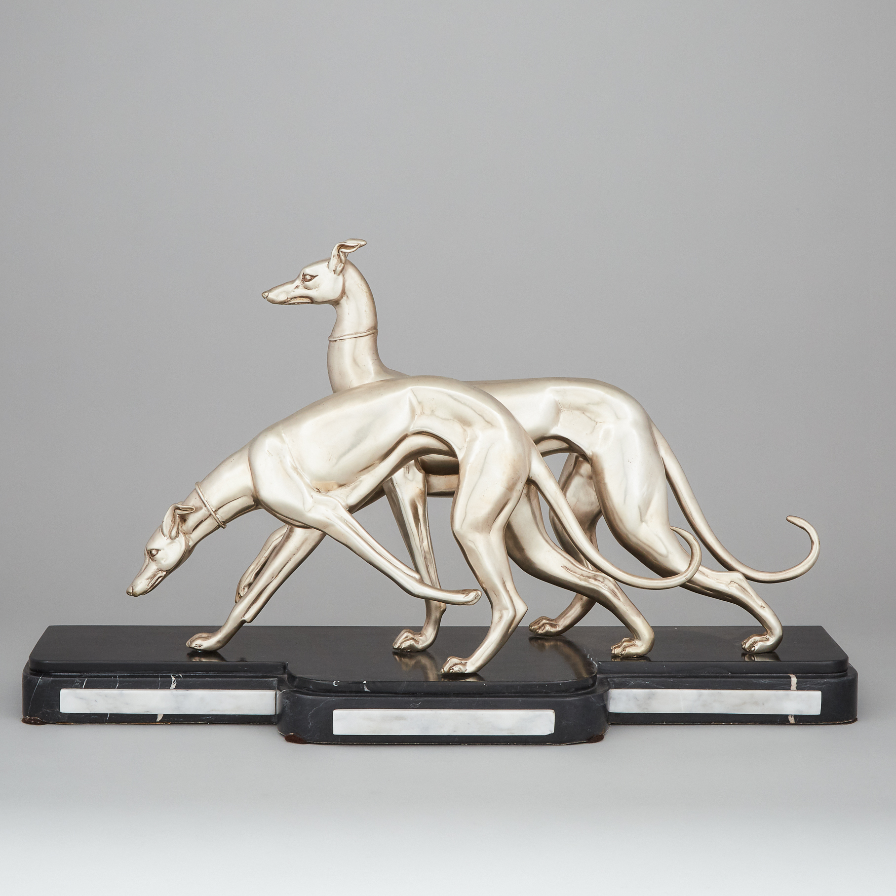 French Art Deco Style Nickelled Bronze Greyhound Mantle Group, 20th century