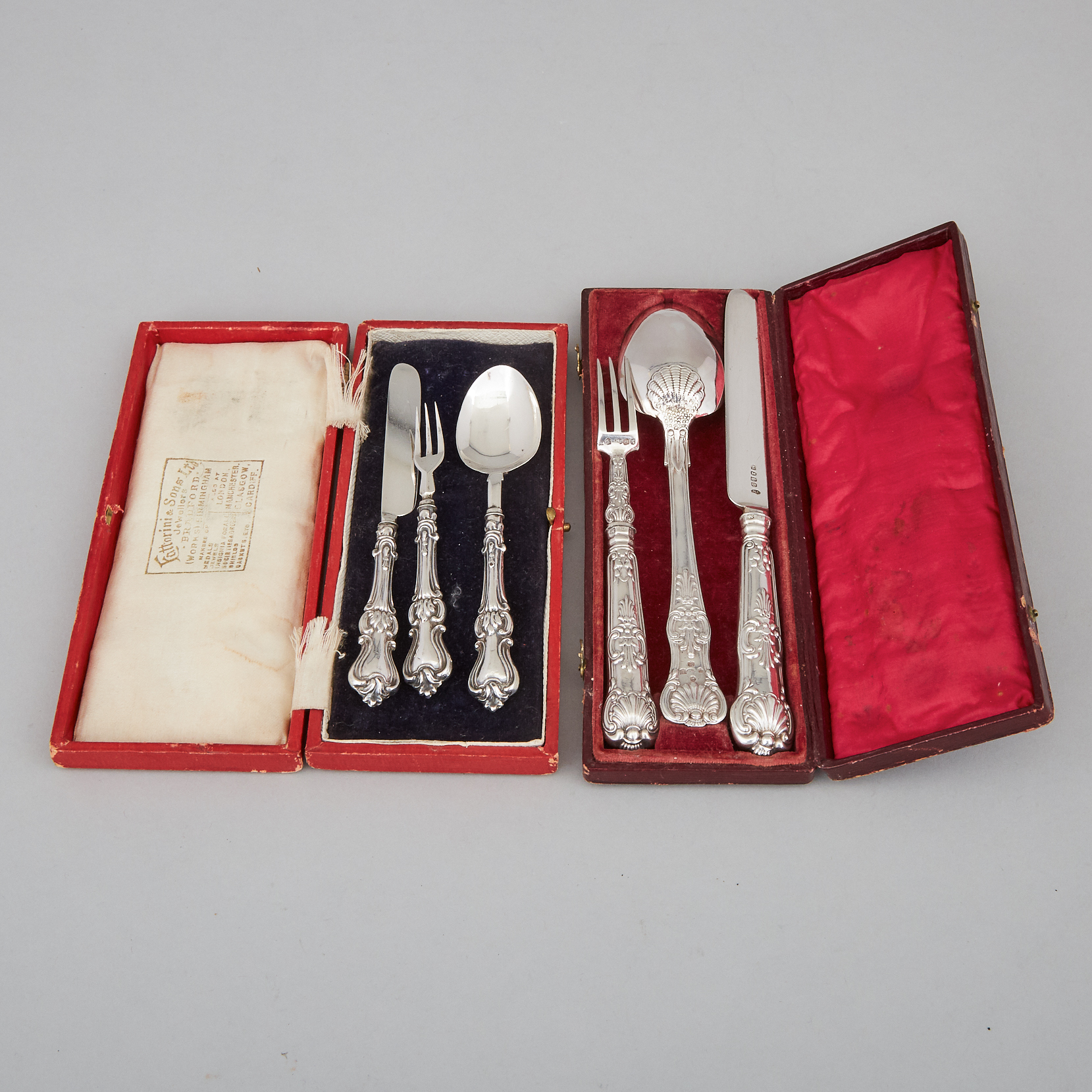 Two Late Georgian and Victorian Silver Children's Knife Fork and Spoon Sets, Hillard & Thomason and Joseph Willmore, Birmingham, 1850/51 and 1832/33