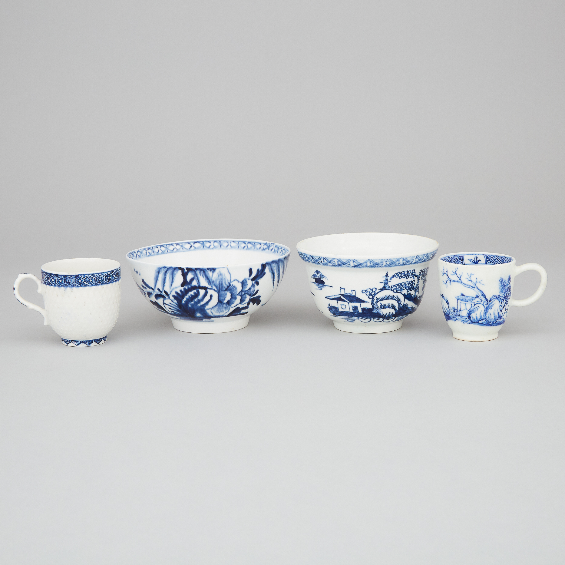 Two Bow Blue and White Cups and Two Bowls, c.1750-70