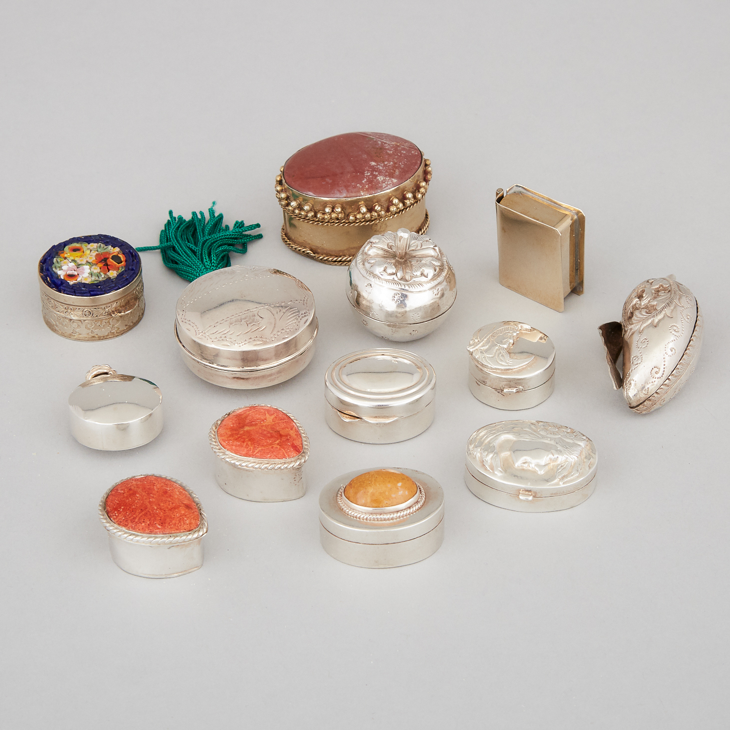 Eleven Various Mainly Silver Small Boxes, a Perfume Bottle and a Measuring Tape, 20th century