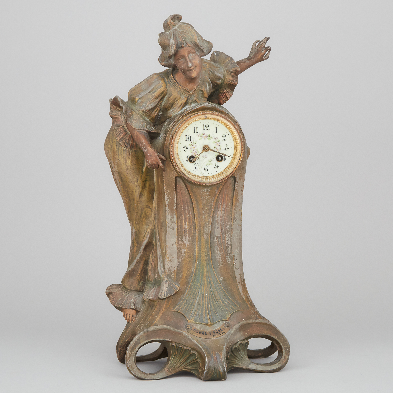 French Art Nouveau Patinated White Metal Figural Mantle Clock, c.1890