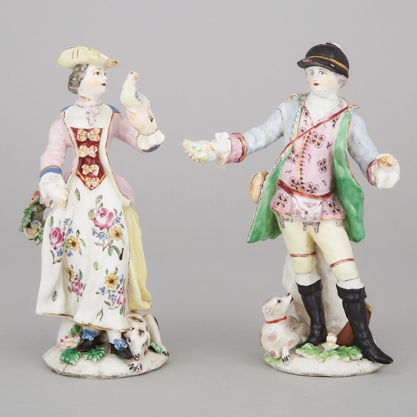 Pair of Bow Figures of a Huntsman and Lady Falconer, c.1755-60