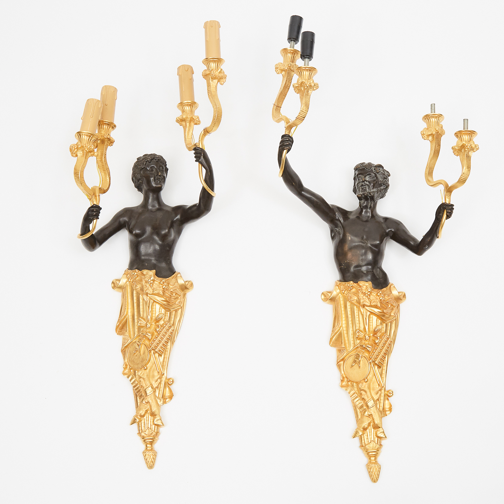 Large Pair of French Gilt and Patinated Bronze Figural Wall Sconces, 20th century