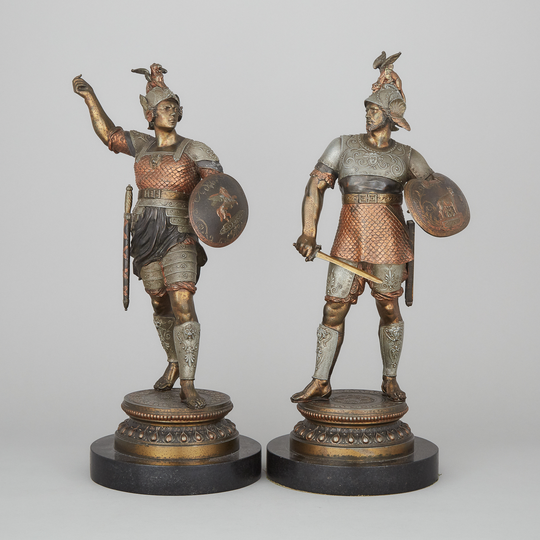 Pair of Victorian Patinated White Metal FIgures of Roman Soldiers, late 19th century