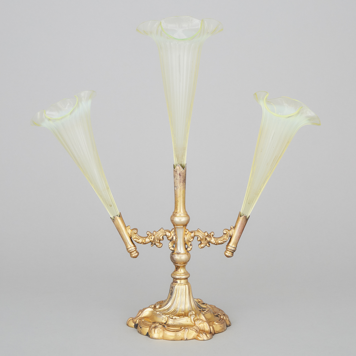 English Silver-Gilt Plated and Vaseline Glass Epergne, Walker & Hall, early 20th century