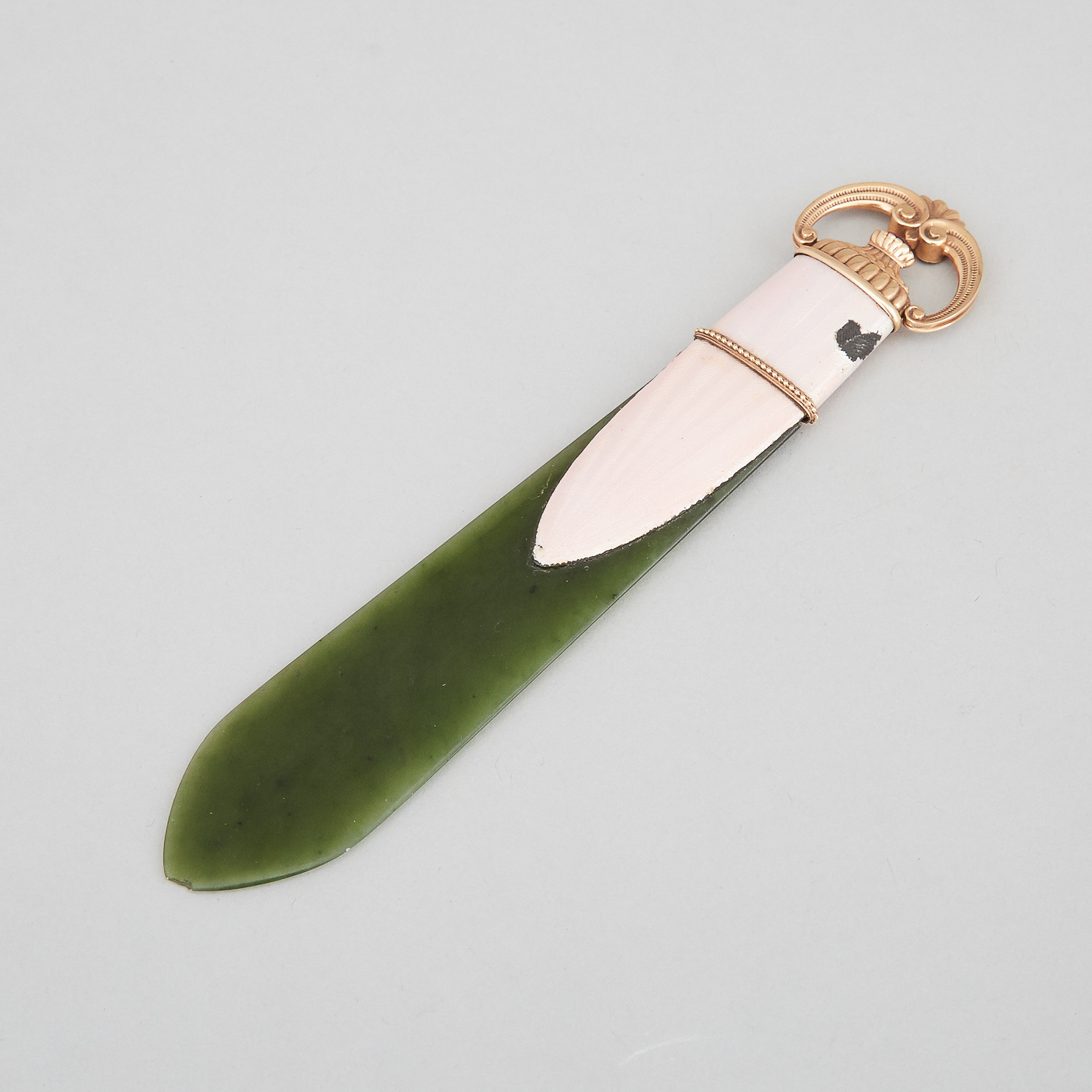 Russian Yellow Gold and Translucent Pink Enamel Mounted Nephrite Jade Letter Opener, 20th century