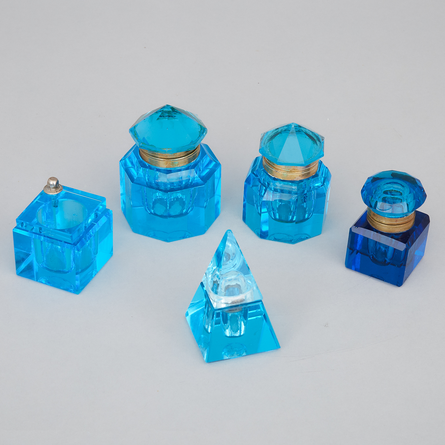Collection of Five Victorian Blue Cut Glass Inkwells, 19th century