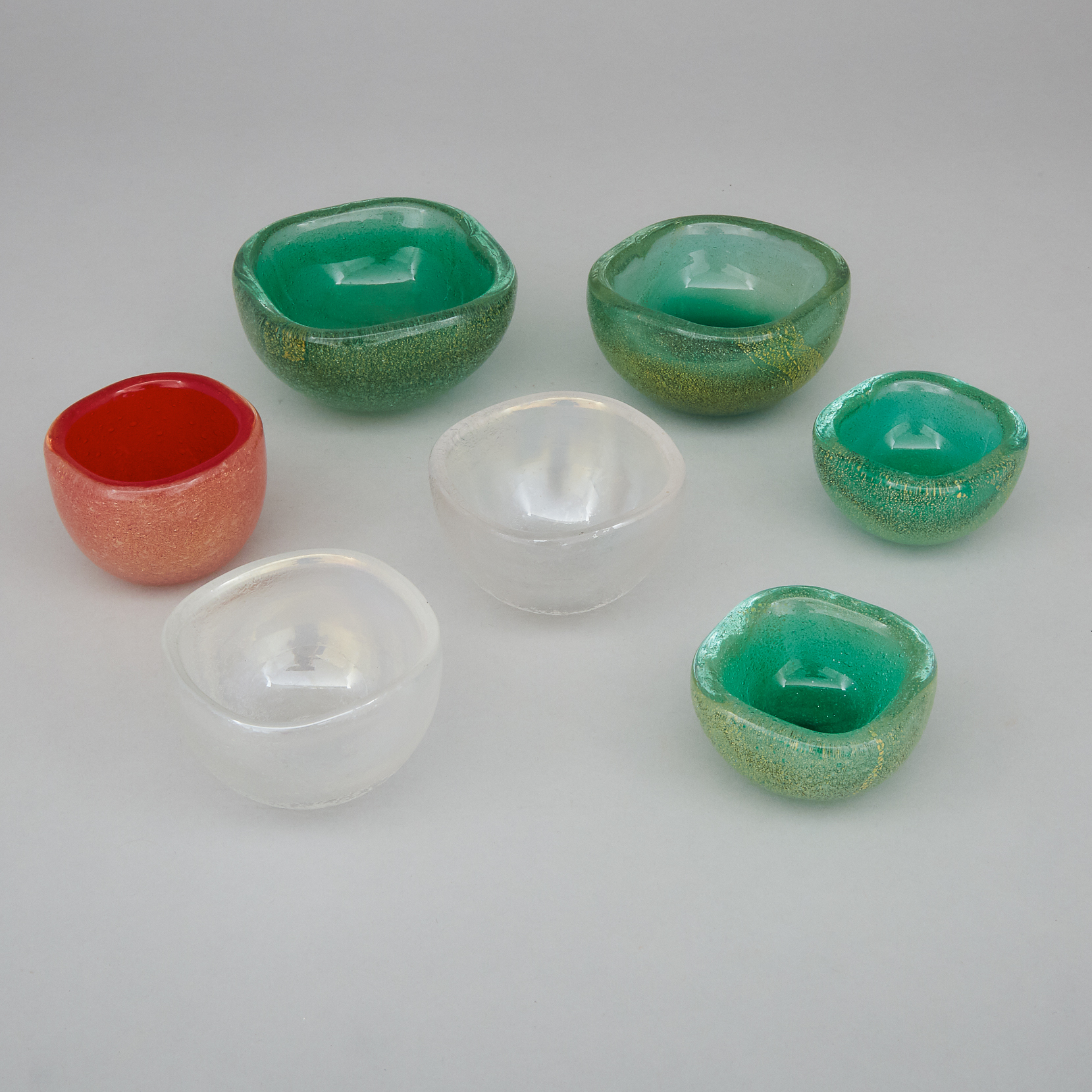 Seven Various Venini Coloured Glass Small Bowls, mid-20th century