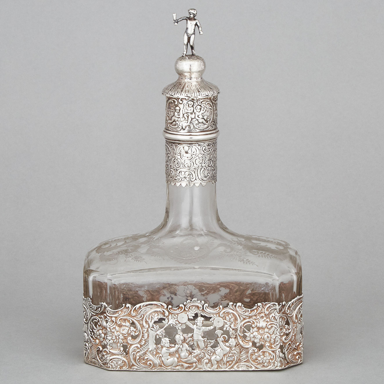 German Silver Mounted Etched Glass Decanter, Weinranck & Schmidt, Hanau, c.1900