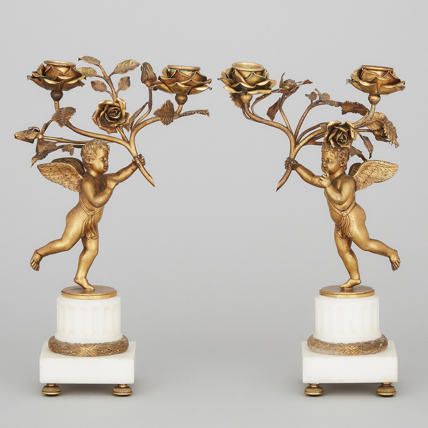 Pair of Louis XVI Style Gilt Bronze and Marble Figural Candlesticks, c.1900
