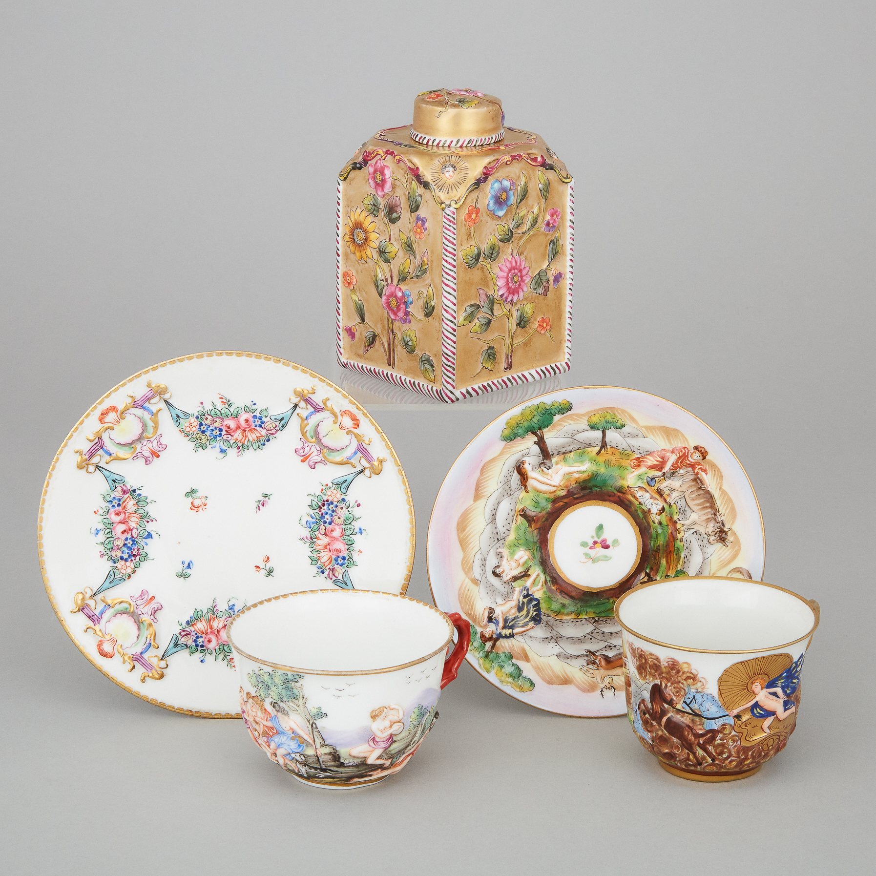 'Naples' Tea Caddy and Two Cups and Saucers, late 19th/early 20th century