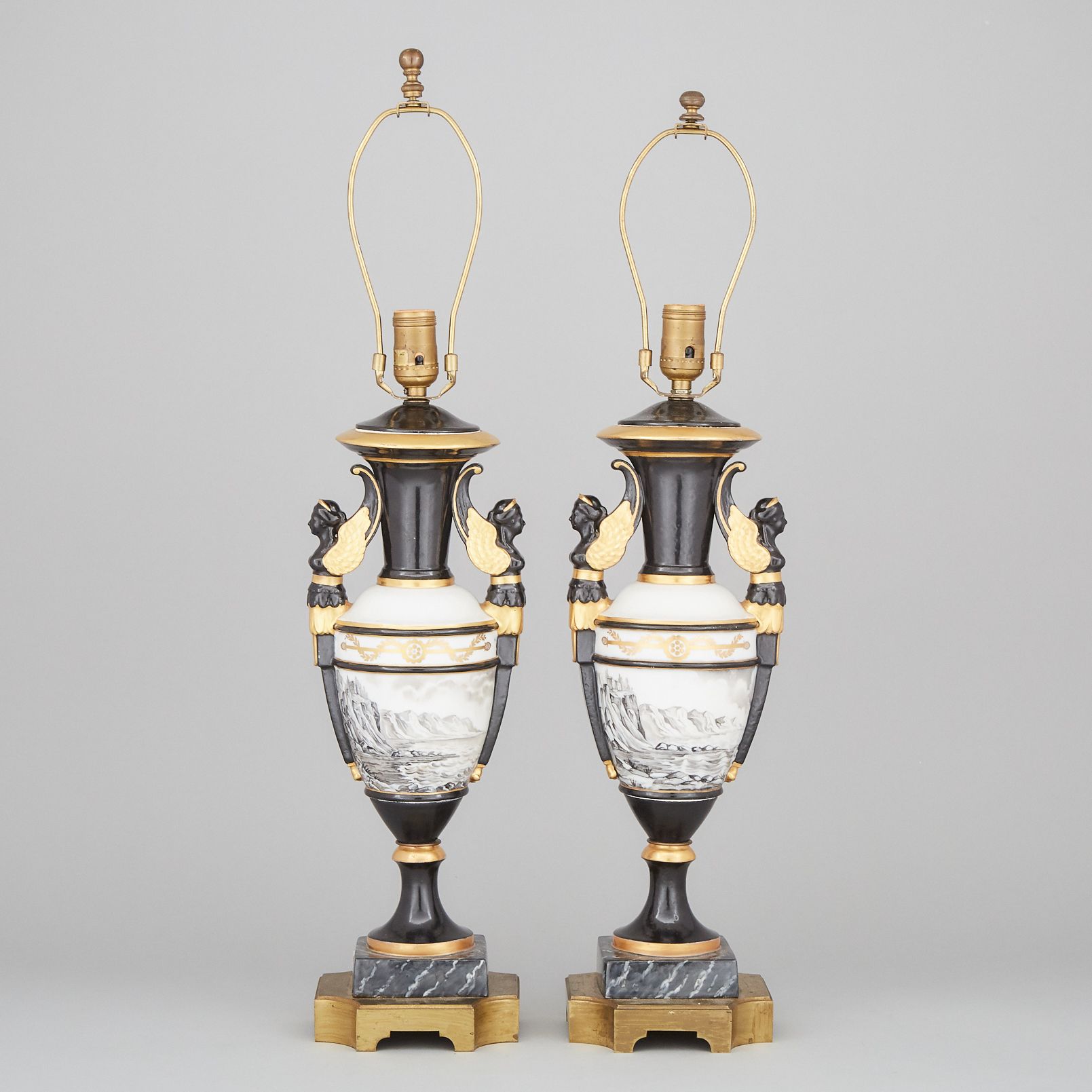 Pair of Paris Porcelain Urn Form Table Lamps, mid 20th century