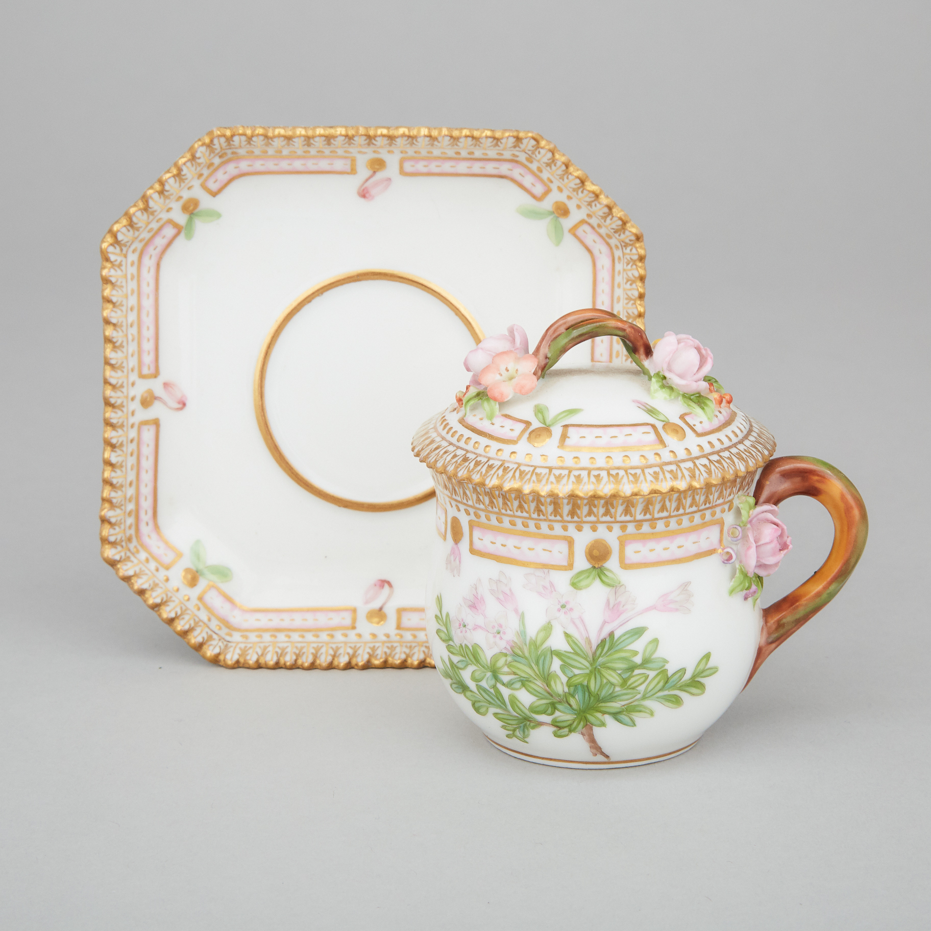 Royal Copenhagen 'Flora Danica' Custard Cup with Cover and Stand, 20th century