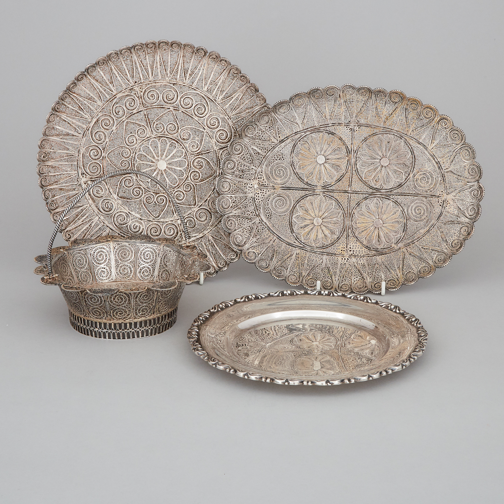 Middle Eastern Silver Filigree Basket,  Two Trays and an Egyptian Silver Plate, 20th century