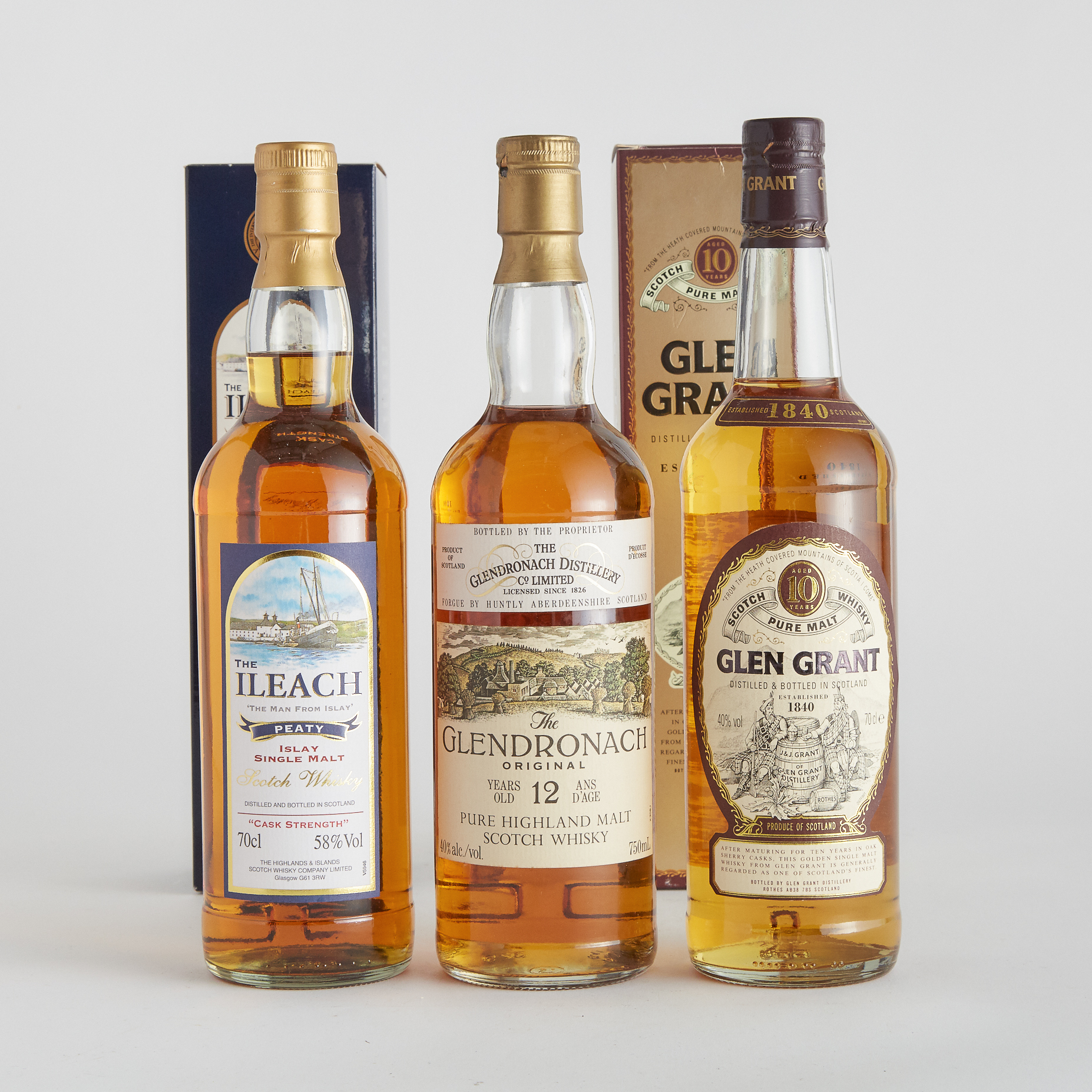 GLEN GRANT PURE MALT SCOTCH WHISKY 10 YEARS (ONE 70 CL)
GLENDRONACH PURE HIGHLAND MALT SCOTCH WHISKY 12 YEARS (ONE 750 ML)
ILEACH ISLAY SINGLE MALT SCOTCH WHISKY (ONE 70 CL)