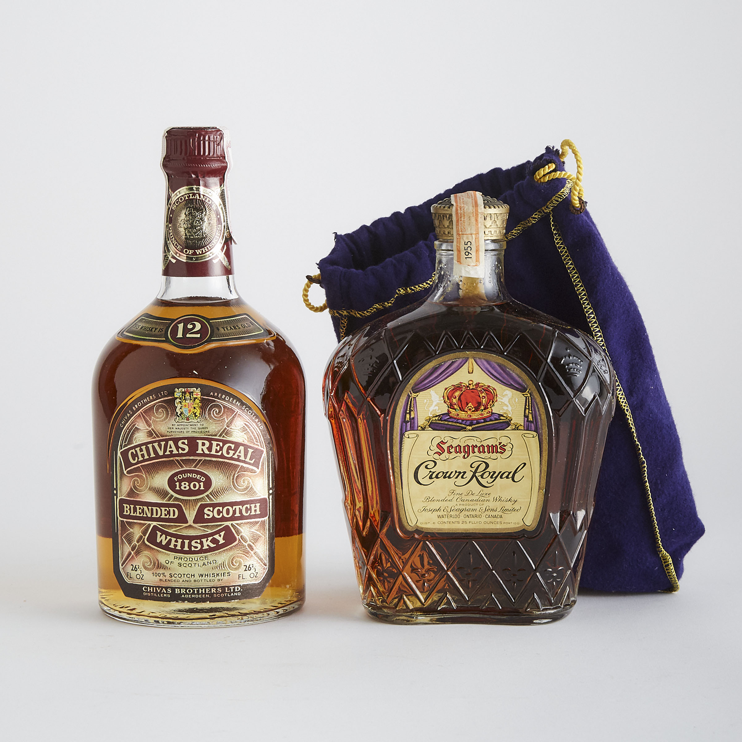 CHIVAS REGAL BLENDED SCOTCH WHISKY 12 YEARS (ONE 26 2/3 OZ)
SEAGRAM'S CROWN ROYAL FINE DE LUXE BLENDED CANADIAN WHISKY NAS (ONE 25 OZ)