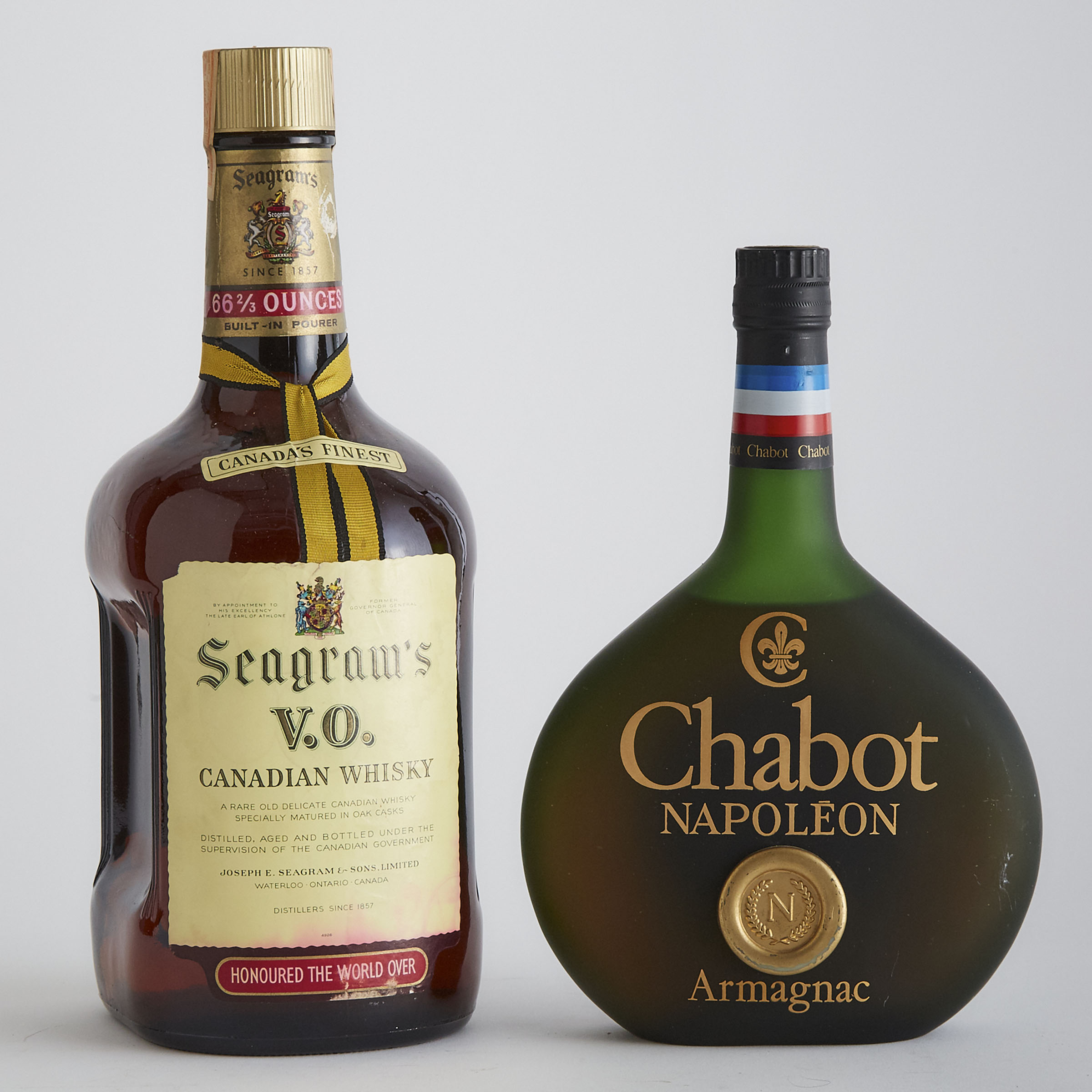 CHABOT NAPOLÉON ARMAGNAC (ONE 750 ML?)
SEAGRAM'S VO BLENDED CANADIAN WHISKY NAS (ONE 66 2/3 OUNCES)
