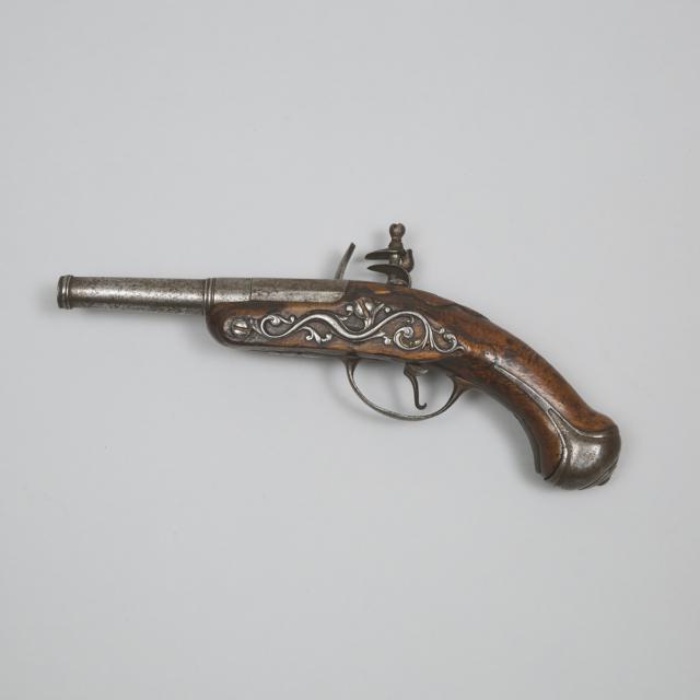 French Flintlock Travelling Cannon Barrel Pistol, mid 18th century