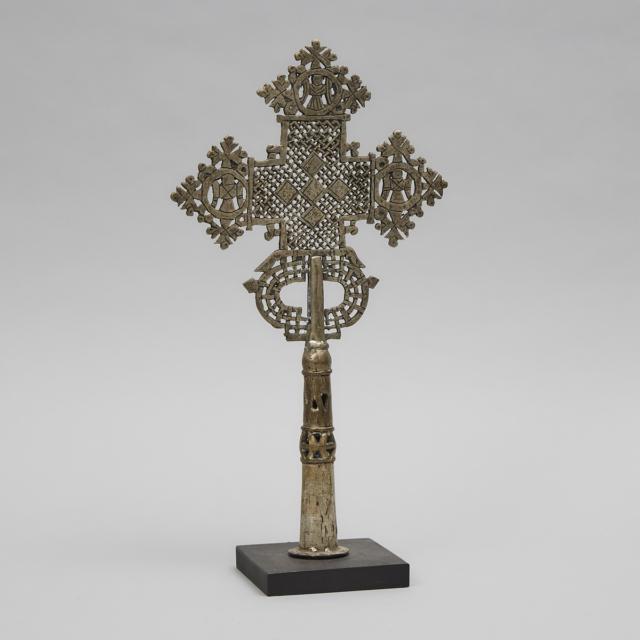 Abyssinian/Ethiopian Silvered Brass Coptic Procession Cross, early-mid 20th century