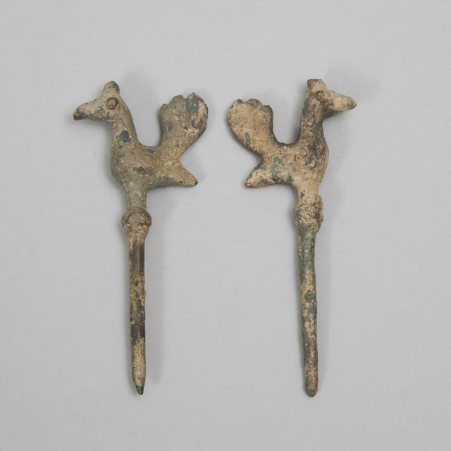Two Luristan Bronze Rooster Form Cosmetic Stick Applicators, c. 2000 B.C.