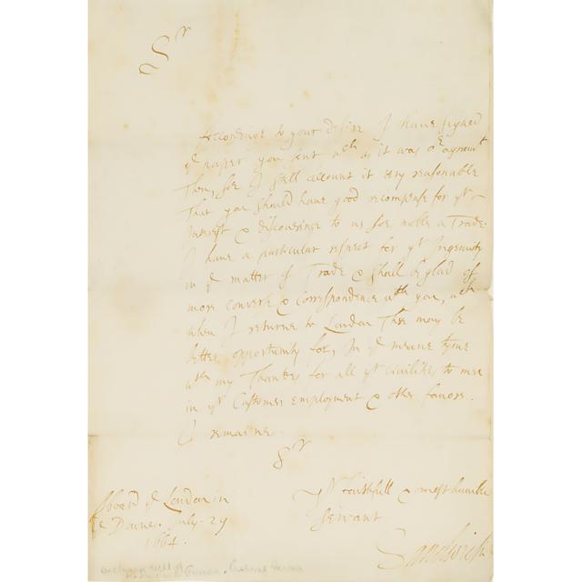 Edward Montagu, 2nd Earl of Sandwich Signed Letter, July 24, 1664