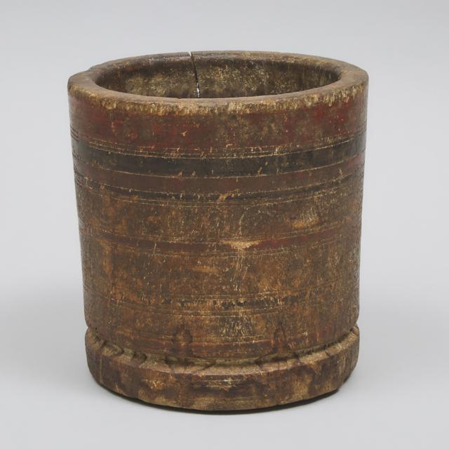 South East Asian Turned and Polycromed Hardwood Bucket Mortar, 19th century