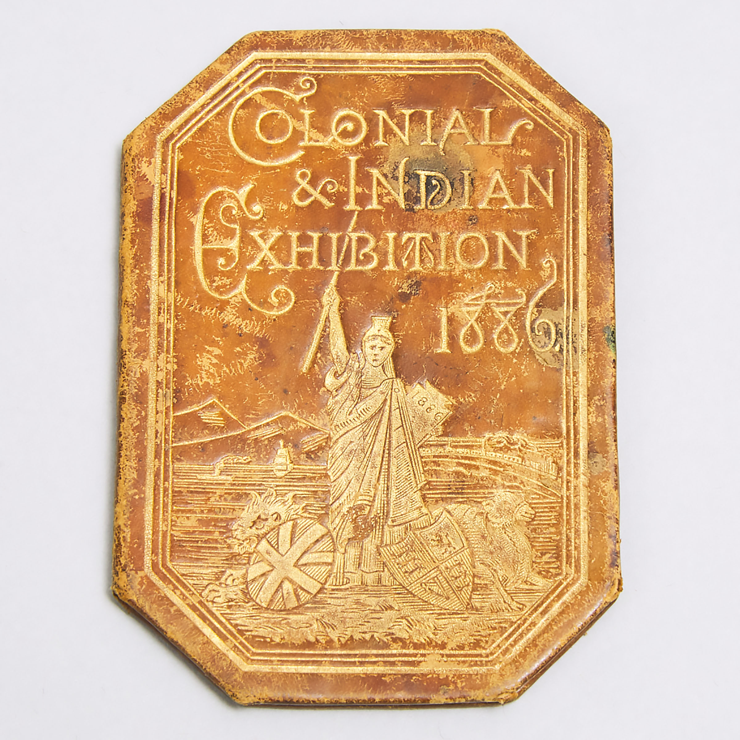 'Colonial & Indian' Exhibition Bi-Fold Presentation Leather Ticket, 1886