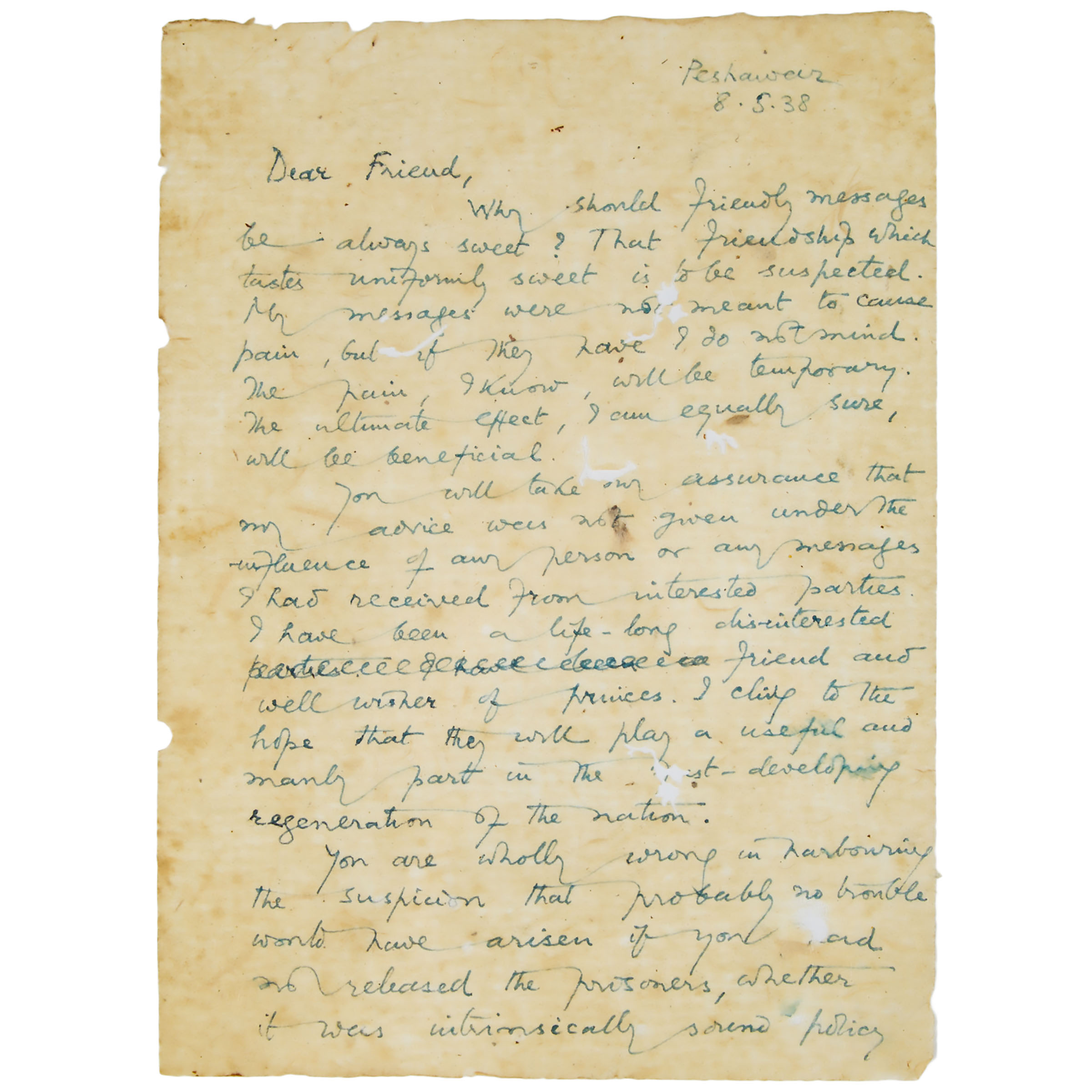 Mohandas Karamchand Gandhi (Mahatma Gandhi) (1869-1948) Letter Signed, To Diwan Sir Mirza Ismail, Peshawar, May 8, 1938