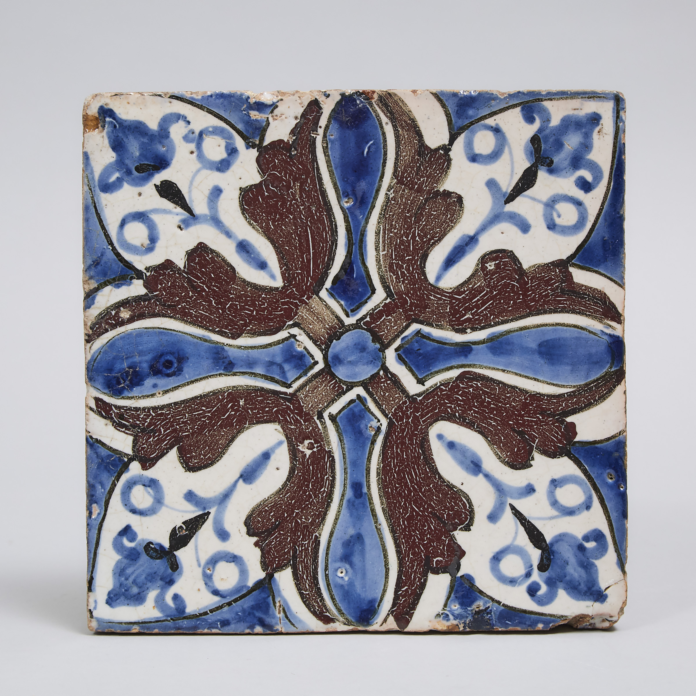 Persian Blue and Brown Flowered Pottery Tile, Syria, 18th/19th century