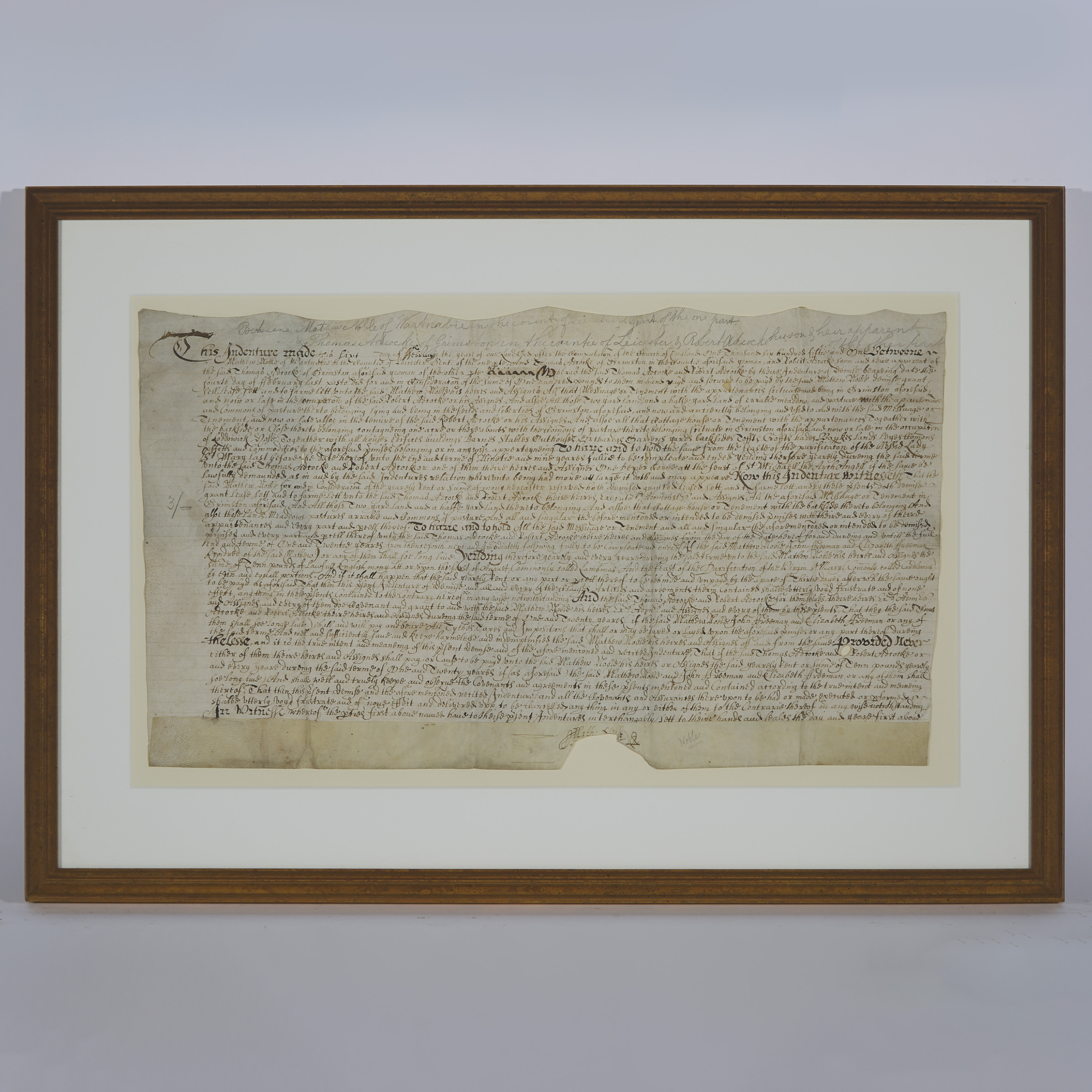 Charles II Leicestershire Country Parchment Indenture Between Matthew Noble of Wartnaby and Thomas Adcocke of Grimston, 1651